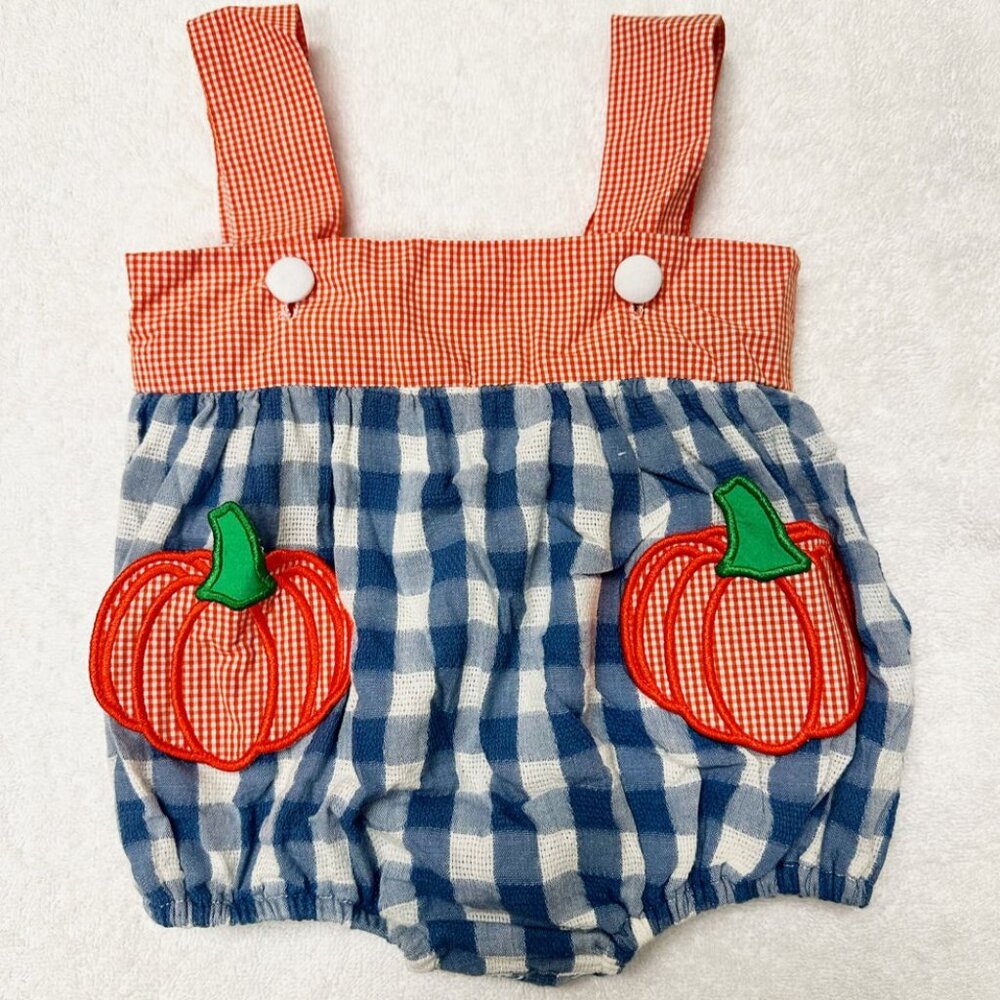 Busy Bees Smocks – Orange & Blue Gingham Pumpkin Pocket Smock (Size 6 Months)